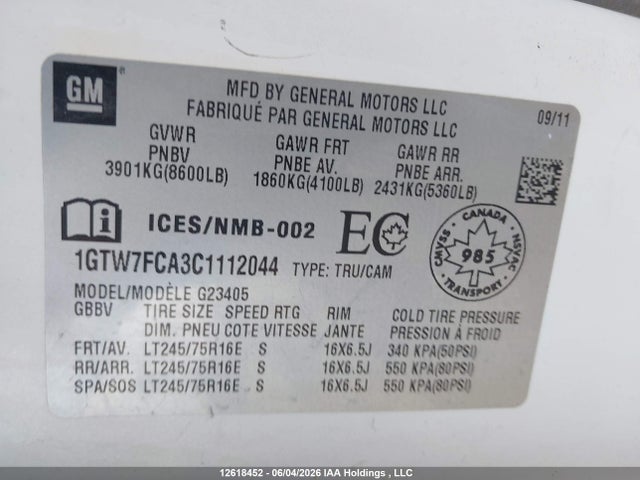 Aukcja sprzedaży 2012 Gmc Savana 2500 Standard, vin: 1GTW7FCA3C1112044, numer aukcji: 12618452