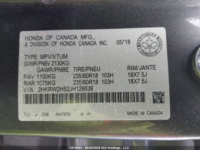 12618453 :رقم المزاد ، 2HKRW2H52JH129539 vin ، 2018 Honda Cr-v Ex مزاد بيع
