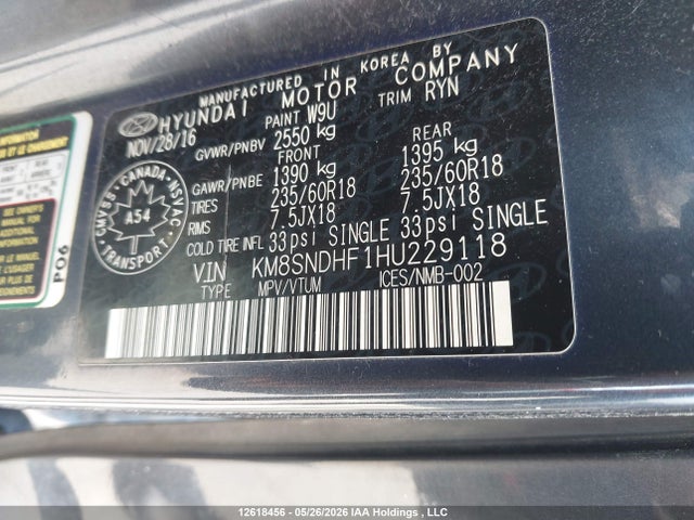 Продаж на аукціоні авто 2017 Hyundai Santa Fe Se/limited, vin: KM8SNDHF1HU229118, номер лоту: 12618456