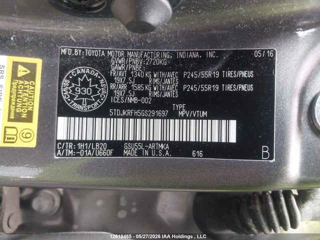 5TDJKRFH5GS291697 Toyota Highlander Xle