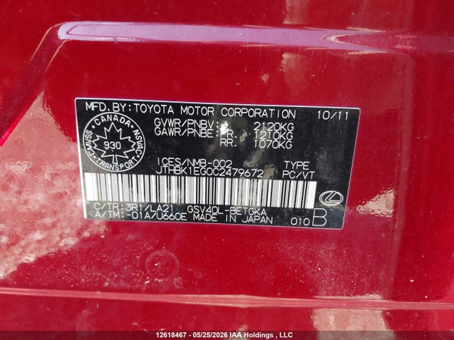 12618467 :رقم المزاد ، JTHBK1EG0C2479672 vin ، 2012 Lexus Es 350 350 مزاد بيع