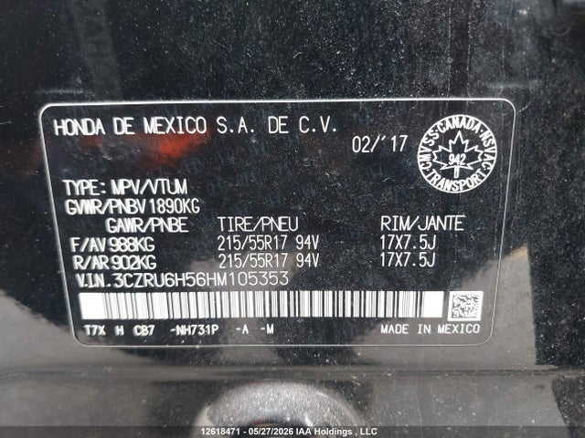 2017 Honda Hr-v Ex მანქანა იყიდება აუქციონზე, vin: 3CZRU6H56HM105353, აუქციონის ნომერი: 12618471