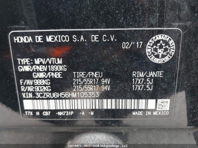2017 Honda Hr-v Ex მანქანა იყიდება აუქციონზე, vin: 3CZRU6H56HM105353, აუქციონის ნომერი: 12618471