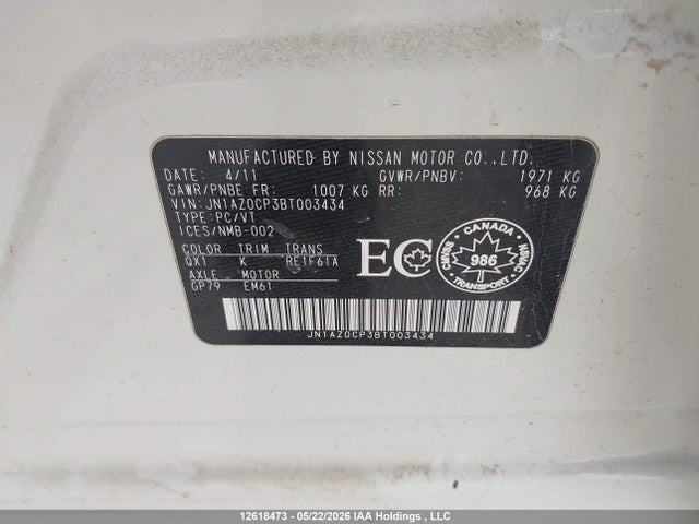 12618473 :رقم المزاد ، JN1AZ0CP3BT003434 vin ، 2011 Nissan Leaf Sl مزاد بيع