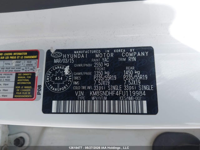 Aukcja sprzedaży 2015 Hyundai Santa Fe Xl Limited, vin: KM8SNDHF4FU119984, numer aukcji: 12618477