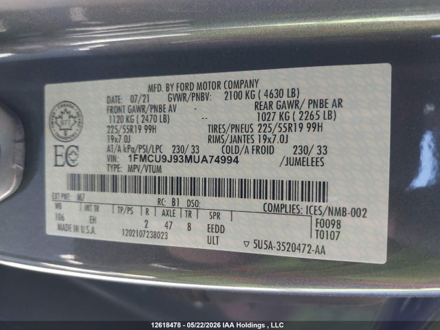 1FMCU9J93MUA74994 Ford Escape Titanium