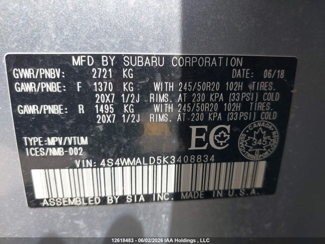 Aukcja sprzedaży 2019 Subaru Ascent Limited, vin: 4S4WMALD5K3408834, numer aukcji: 12618483