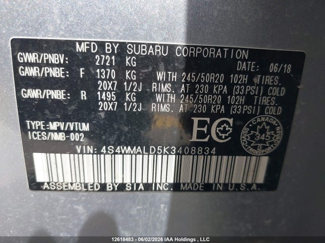Aukcja sprzedaży 2019 Subaru Ascent Limited, vin: 4S4WMALD5K3408834, numer aukcji: 12618483