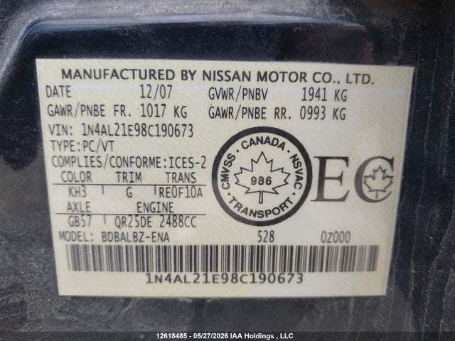 2008 Nissan Altima 2.5 S მანქანა იყიდება აუქციონზე, vin: 1N4AL21E98C190673, აუქციონის ნომერი: 12618485