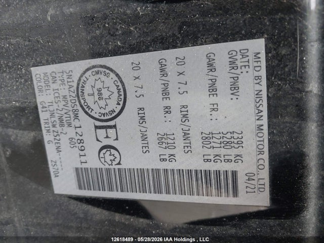 Aukcja sprzedaży 2021 Nissan Murano Platinum, vin: 5N1AZ2DS8MC128911, numer aukcji: 12618489