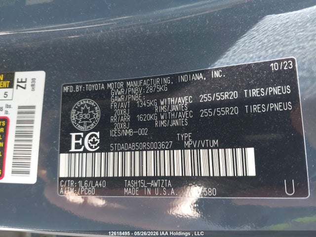 12618495 :رقم المزاد ، 5TDADAB50RS003627 vin ، 2024 Toyota Grand Highlander Hybrid Platinum مزاد بيع