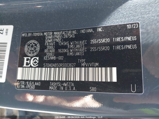 12618495 :رقم المزاد ، 5TDADAB50RS003627 vin ، 2024 Toyota Grand Highlander Hybrid Platinum مزاد بيع
