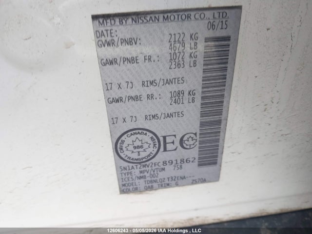 Продажа на аукционе авто 2015 Nissan Rogue S/sl/sv, vin: 5N1AT2MV2FC891862, номер лота: 12606243