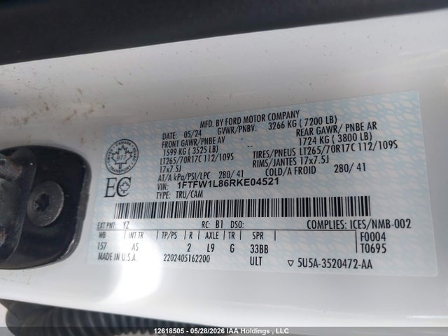 Продаж на аукціоні авто 2024 Ford F150 Xl, vin: 1FTFW1L86RKE04521, номер лоту: 12618505