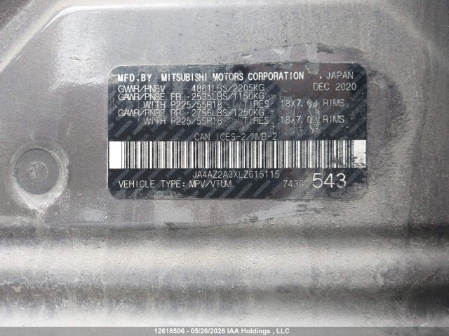 2020 Mitsubishi Outlander Es/ex/ex-l მანქანა იყიდება აუქციონზე, vin: JA4AZ2A3XLZ615115, აუქციონის ნომერი: 12618506