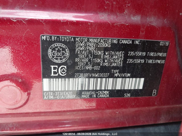 2T3R1RFV1KW030327 Toyota Rav4 Xle/xle Premium