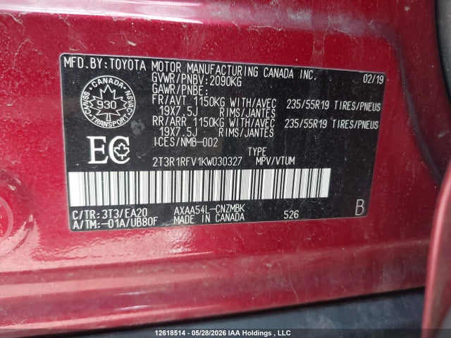 2T3R1RFV1KW030327 Toyota Rav4 Xle/xle Premium