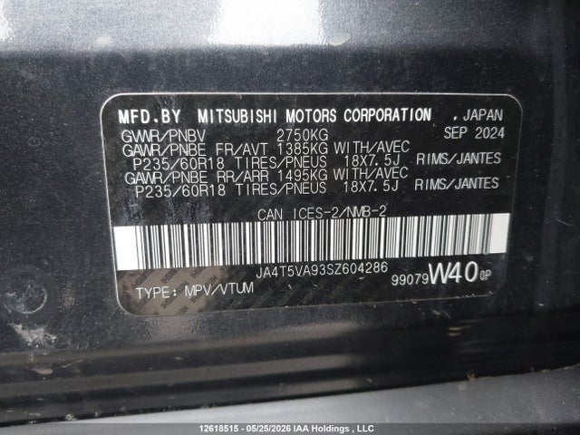 2025 Mitsubishi Outlander Phev Le S-awc/se S-awc/sel S-awc მანქანა იყიდება აუქციონზე, vin: JA4T5VA93SZ604286, აუქციონის ნომერი: 12618515