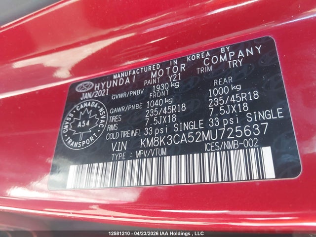KM8K3CA52MU725637 Hyundai Kona Trend Awd With Two-tone Roof