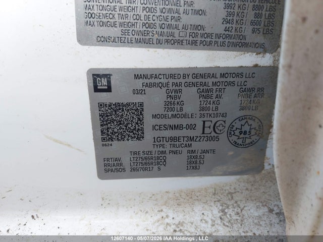 Продаж на аукціоні авто 2021 Gmc Sierra 1500 Sle, vin: 1GTU9BET3MZ273005, номер лоту: 12607140