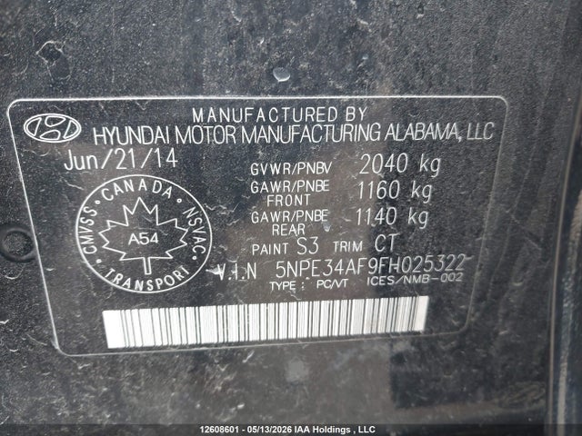 12608601 :رقم المزاد ، 5NPE34AF9FH025322 vin ، 2015 Hyundai Sonata Limited مزاد بيع