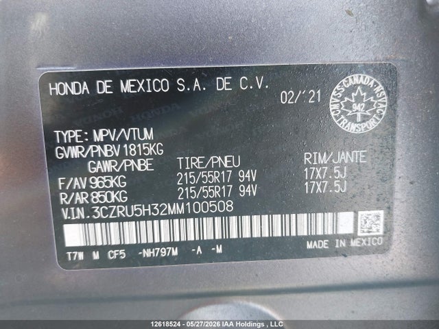 Aukcja sprzedaży 2021 Honda Hr-v, vin: 3CZRU5H32MM100508, numer aukcji: 12618524