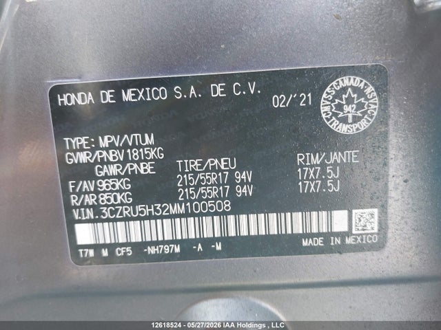 Aukcja sprzedaży 2021 Honda Hr-v, vin: 3CZRU5H32MM100508, numer aukcji: 12618524