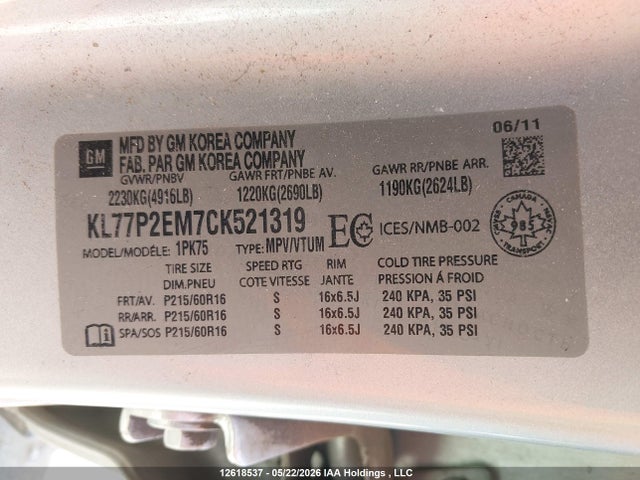 Aukcja sprzedaży 2012 Chevrolet Orlando, vin: KL77P2EM7CK521319, numer aukcji: 12618537