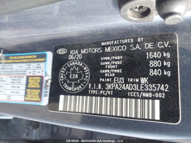 2020 Kia Rio მანქანა იყიდება აუქციონზე, vin: 3KPA24AD3LE335742, აუქციონის ნომერი: 12618539