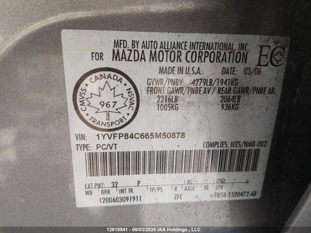 Продаж на аукціоні авто 2006 Mazda Mazda6, vin: 1YVFP84C665M50878, номер лоту: 12618541