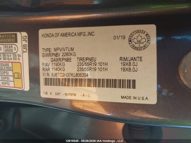 Продаж на аукціоні авто 2019 Acura Rdx Tech, vin: 5J8TC2H37KL806354, номер лоту: 12618545