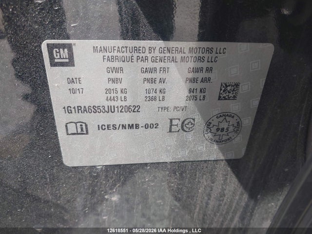 Продаж на аукціоні авто 2018 Chevrolet Volt, vin: 1G1RA6S53JU120622, номер лоту: 12618551