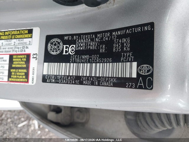 Продаж на аукціоні авто 2012 Toyota Corolla, vin: 2T1BU4EE1CC852926, номер лоту: 12618556