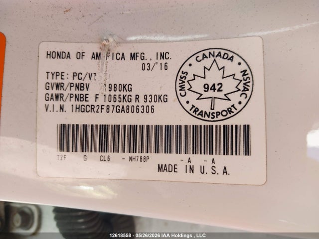 12618558 :رقم المزاد ، 1HGCR2F87GA806306 vin ، 2016 Honda Accord Exl مزاد بيع