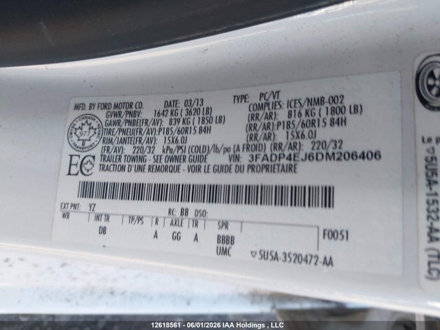 2013 Ford Fiesta Se მანქანა იყიდება აუქციონზე, vin: 3FADP4EJ6DM206406, აუქციონის ნომერი: 12618561
