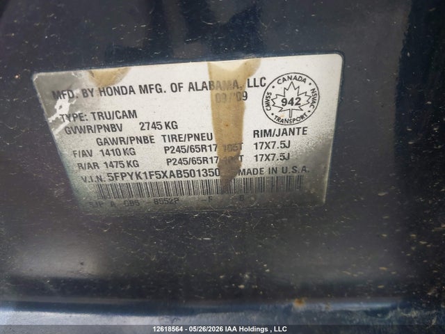 2010 Honda Ridgeline Rtl მანქანა იყიდება აუქციონზე, vin: 5FPYK1F5XAB501350, აუქციონის ნომერი: 12618564