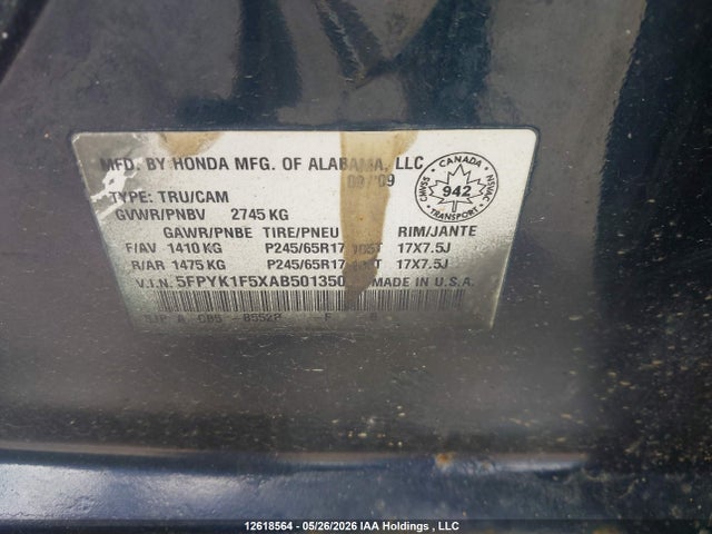 2010 Honda Ridgeline Rtl მანქანა იყიდება აუქციონზე, vin: 5FPYK1F5XAB501350, აუქციონის ნომერი: 12618564