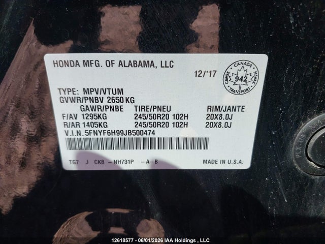 Honda Pilot Touring 2018 5FNYF6H99JB500474 Image 9