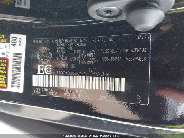 2025 Toyota Sienna Le 8-passenger მანქანა იყიდება აუქციონზე, vin: 5TDGRKEC9SS274445, აუქციონის ნომერი: 12618588
