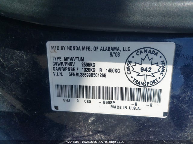 2009 Honda Odyssey Ex-l მანქანა იყიდება აუქციონზე, vin: 5FNRL38699B501265, აუქციონის ნომერი: 12618596