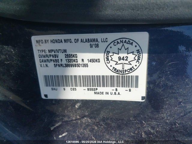 2009 Honda Odyssey Ex-l მანქანა იყიდება აუქციონზე, vin: 5FNRL38699B501265, აუქციონის ნომერი: 12618596