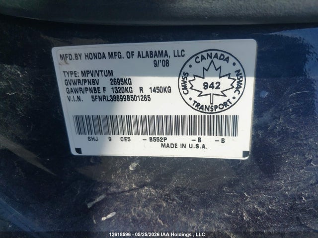 2009 Honda Odyssey Ex-l მანქანა იყიდება აუქციონზე, vin: 5FNRL38699B501265, აუქციონის ნომერი: 12618596