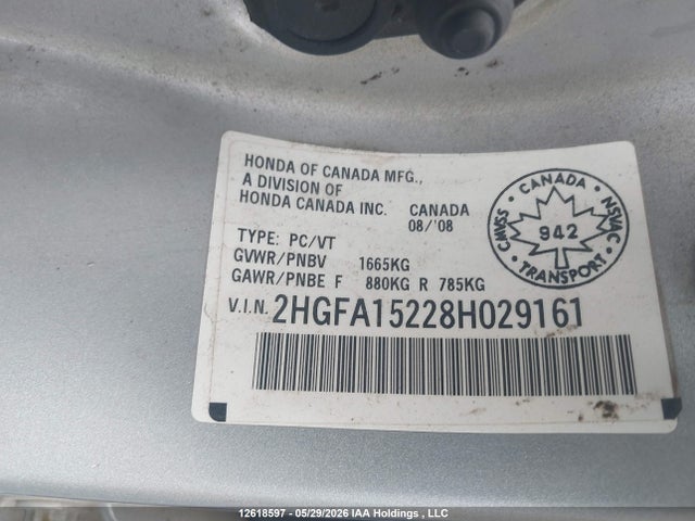 2008 Honda Civic Dx მანქანა იყიდება აუქციონზე, vin: 2HGFA15228H029161, აუქციონის ნომერი: 12618597