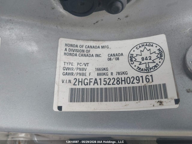 2008 Honda Civic Dx მანქანა იყიდება აუქციონზე, vin: 2HGFA15228H029161, აუქციონის ნომერი: 12618597