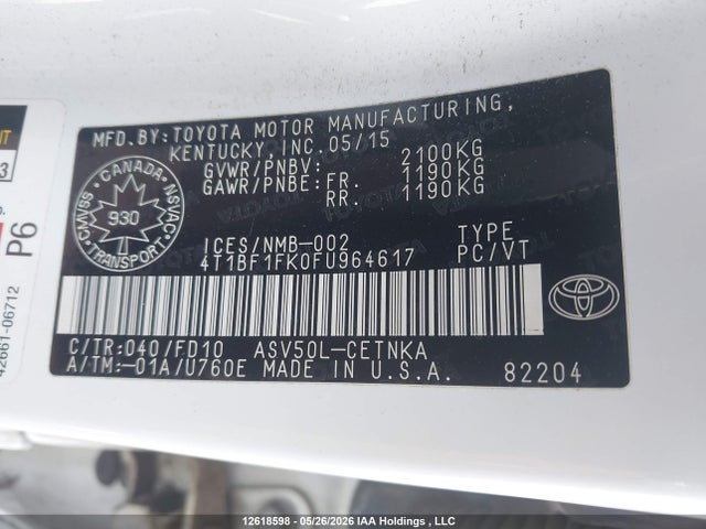 Продаж на аукціоні авто 2015 Toyota Camry Le, vin: 4T1BF1FK0FU964617, номер лоту: 12618598