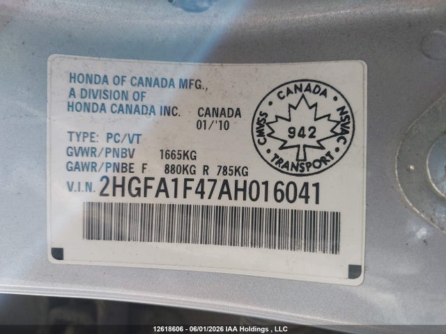 2010 Honda Civic Dx-g მანქანა იყიდება აუქციონზე, vin: 2HGFA1F47AH016041, აუქციონის ნომერი: 12618606