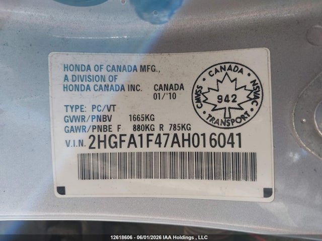 2010 Honda Civic Dx-g მანქანა იყიდება აუქციონზე, vin: 2HGFA1F47AH016041, აუქციონის ნომერი: 12618606