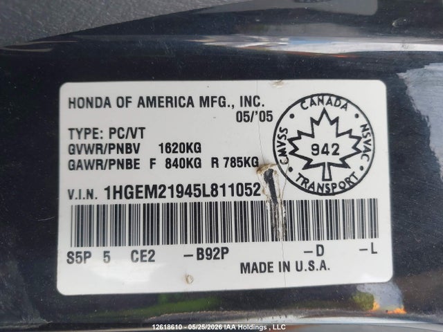 Aukcja sprzedaży 2005 Honda Civic Ex, vin: 1HGEM21945L811052, numer aukcji: 12618610