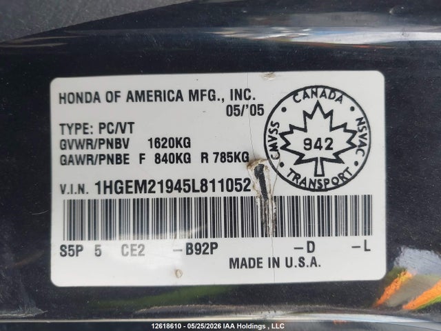 Aukcja sprzedaży 2005 Honda Civic Ex, vin: 1HGEM21945L811052, numer aukcji: 12618610
