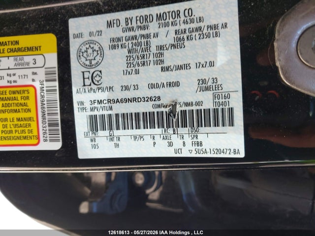 2022 Ford Bronco Sport მანქანა იყიდება აუქციონზე, vin: 3FMCR9A69NRD32628, აუქციონის ნომერი: 12618613
